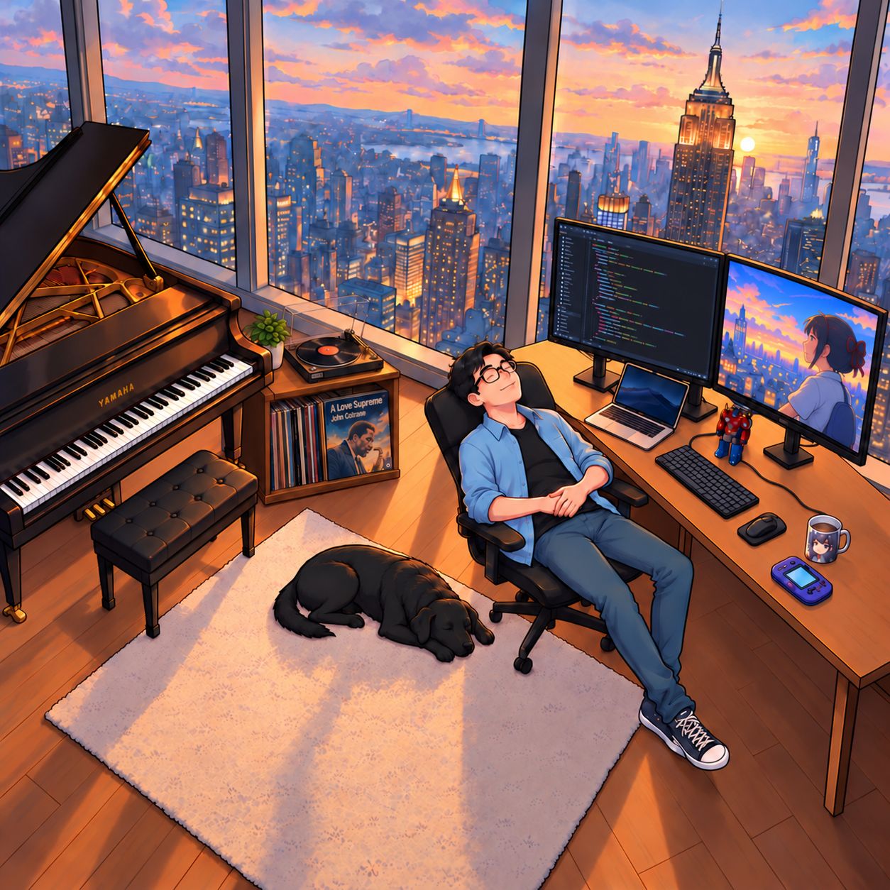 An illustrated anime-style studio high above a city at sunset. A young man in glasses and a blue shirt naps in a desk chair beside a long desk with two monitors, one showing code, plus a laptop, keyboard and mug. A black grand piano with its lid open stands on the left beside a record player and a shelf of vinyl. A black dog sleeps on a pale rug, and tall windows look out on a skyline glowing peach and lavender.